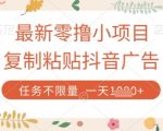 最新零撸小项目，复制粘贴抖音广告即可挣钱，平台大水，任务不限量，一天数张【揭秘】