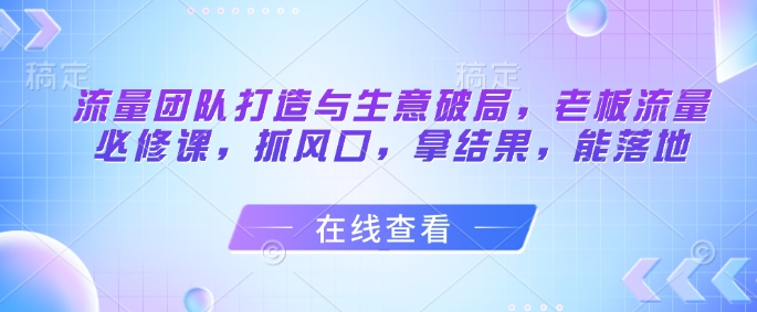 流量团队打造与生意破局,老板流量必修课,抓风口,拿结果,能落地