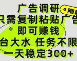 广告调研项目，只需复制粘贴广告即可挣钱，平台大水，任务不限量，一天3张【揭秘】