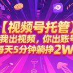 【视频号托管 】我出视频，你出账号，每天5分钟发布，最高躺挣2W+【揭秘】