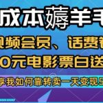 0成本薅羊毛!视频会员、话费卷、30元电影票白送，分享我如何靠转卖一天变现5张+【揭秘】