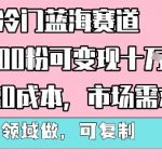 冷门蓝海赛道，1000粉可变现十W，无门槛0成本，市场需求大，可多领域做，可复制性强