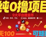 纯0撸项目，9大平台撸金币，抖音，快手，汽水，番茄畅听等，1天100，可矩阵