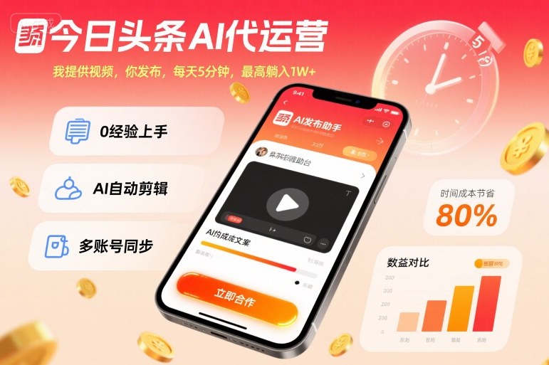 今日头条AI代运营,我提供视频,你发布,每天5分钟,最高躺入1W+【揭秘】