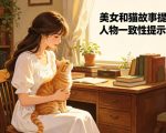 美女和猫故事提示词，人物一致性提示词+故事板