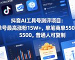 抖音AI工具号测评项目（1-2期），单号最高涨粉15W+，单笔商单5.5k，也可进伙伴计划，普通人可复制（更新7月）