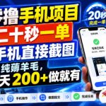 零撸手机项目，二十秒一单，手机直接截图，纯薅羊毛，一天200+做就有【揭秘】