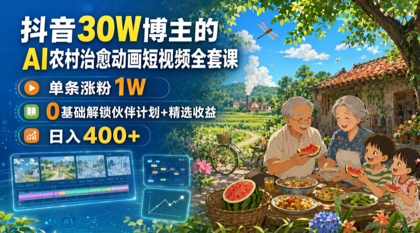 抖音30W博主的AI农村治愈动画短视频全套课｜单条涨粉1W，0基础解锁伙伴计划+精选收益，日入400+