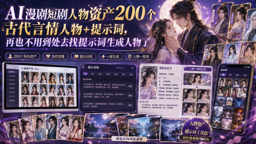 AI漫剧短剧人物资产200个古代言情人物+提示词，再也不用到处去找提示词生成人物了