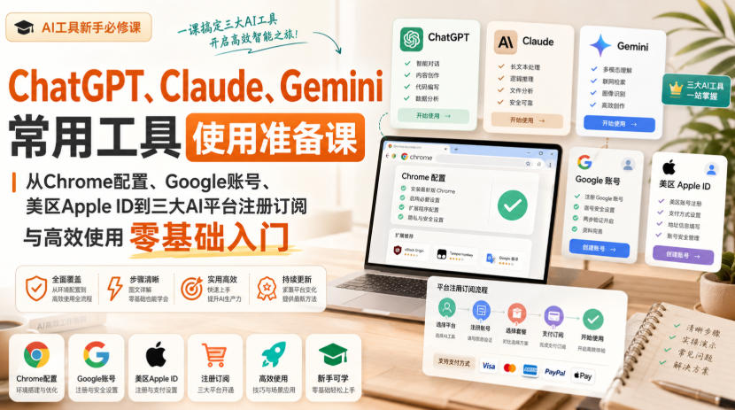 ChatGPT、Claude、Gemini常用工具使用准备课｜从Chrome配置、Google账号、美区Apple ID到三大AI平台注册订阅与高效使用零基础入门