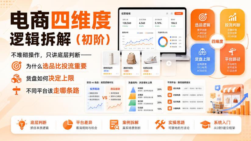 电商四维度逻辑拆解（初阶）不堆砌操作，只讲底层判断——为什么选品比投流重要、货盘如何决定上限、不同平台该走哪条路