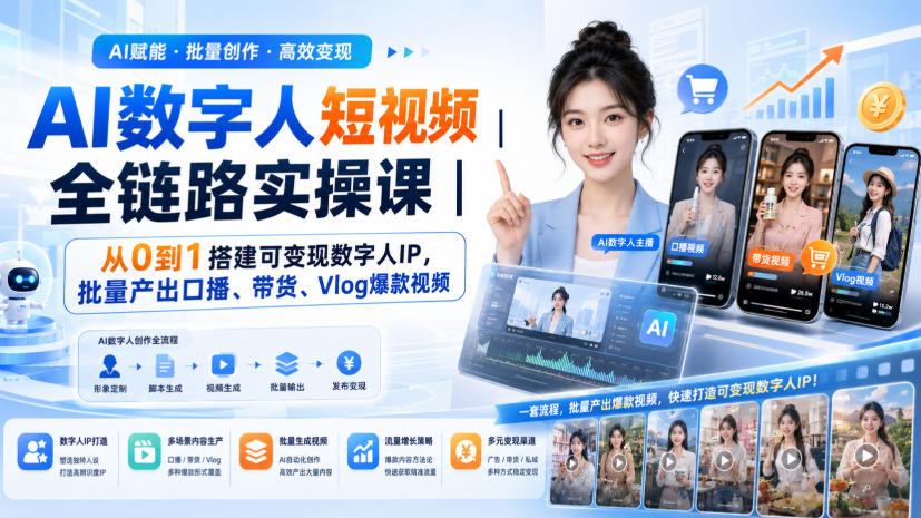 AI数字人短视频全链路实操课｜从0到1搭建可变现数字人IP，批量产出口播、带货、Vlog爆款视频