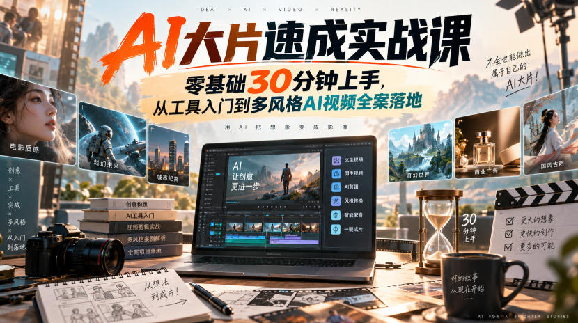 AI大片速成实战课｜零基础30分钟上手，从工具入门到多风格AI视频全案落地​