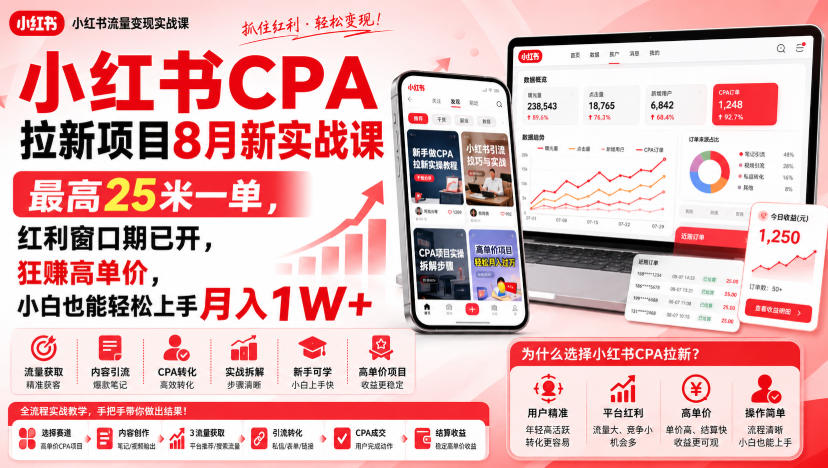 小红书CPA拉新项目8月新实战课，最高25米一单，红利窗口期已开，狂賺高单价，小白也能轻松上手月入1W+（更新0911）