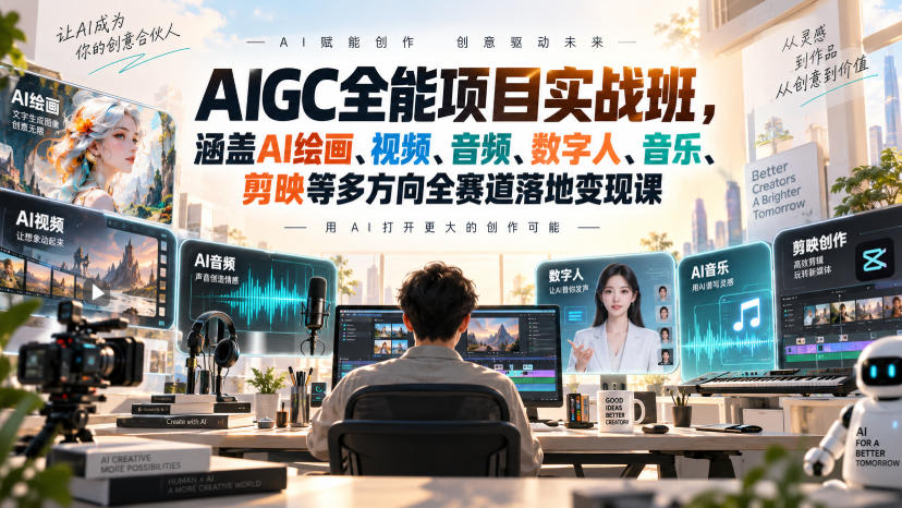 AIGC全能项目实战班-无水印，涵盖AI绘画、视频、音频、数字人、音乐、剪映等多方向全赛道落地变现课（更新）