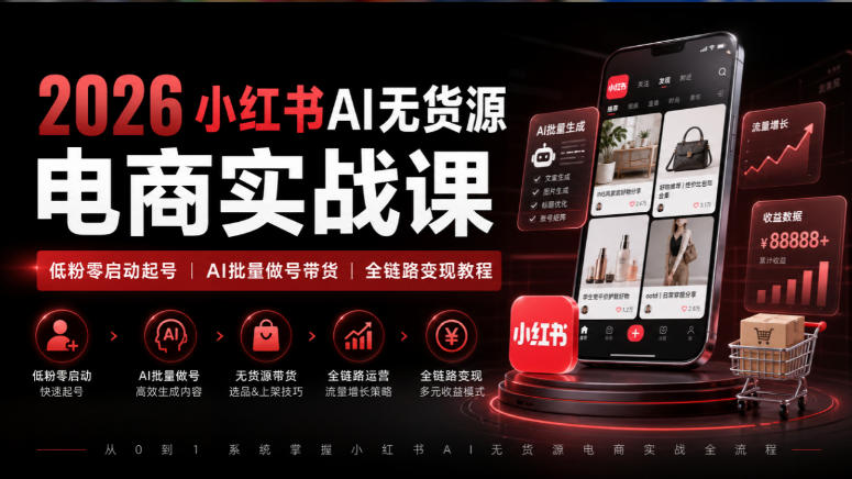2026小红书AI无货源电商实战课｜低粉零启动起号｜AI批量做号带货全链路变现教程（更新0920）