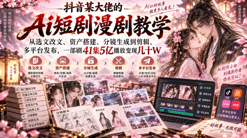抖音某大佬的Ai短剧漫剧教学，从选文改文、资产搭建、分镜生成到剪辑、多平台发布，一部剧41集5亿播放变现几十W