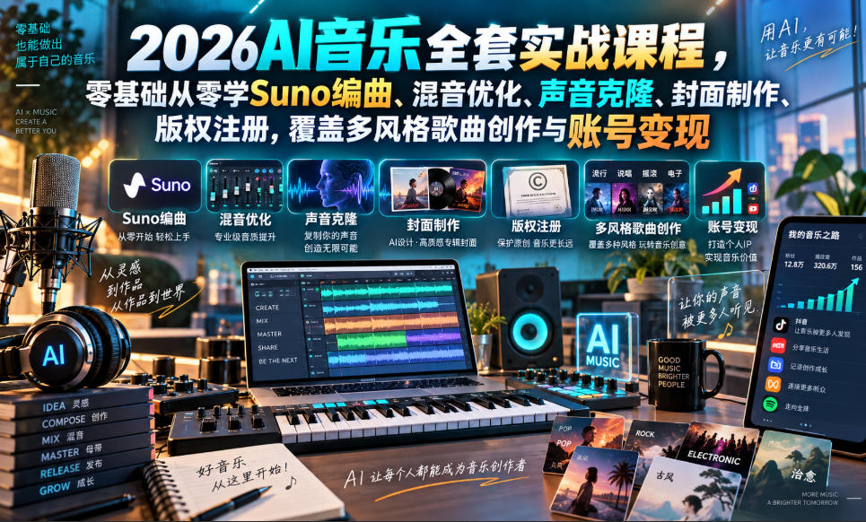 2026AI音乐实战课程，零基础从零学Suno编曲、混音优化、声音克隆、版权注册，覆盖多风格歌曲创作与账号变现（更新0921）
