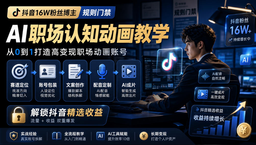抖音16W粉丝博主规则门禁的AI职场认知动画教学，从赛道定位、账号包装，到文案创作、配音定制、AI成片，解锁抖音精选收益