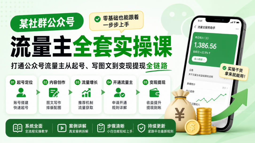 某社群公众号流量主全套实操课，零基础也能跟着一步步上手，打通公众号流量主从起号、写图文到变现提现全链路