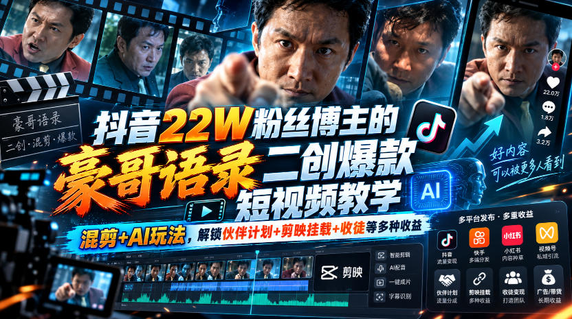 抖音22W粉丝博主的豪哥语录二创爆款短视频教学，混剪+AI玩法，解锁伙伴计划+剪映挂载+收徒等多种收益