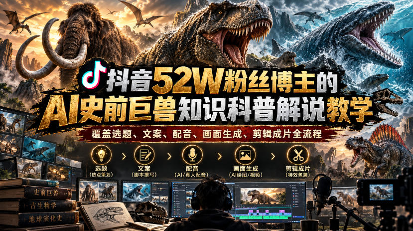抖音52W粉丝博主的AI史前巨兽知识科普解说教学，覆盖选题、文案、配音、画面生成、剪辑成片全流程