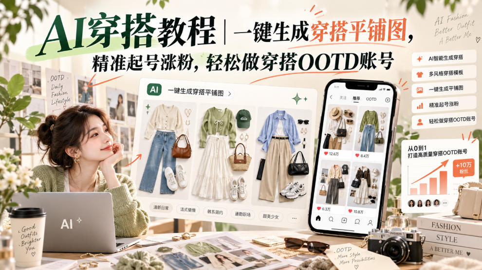 AI穿搭教程｜一键生成穿搭平铺图，精准起号涨粉，轻松做穿搭OOTD账号