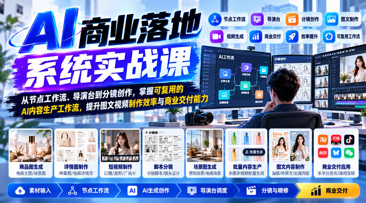 【无水印】AI商业落地系统实战课，从节点工作流、导演台到分镜创作，掌握可复用的AI内容生产工作流，提升图文视频制作效率与商业交付能力