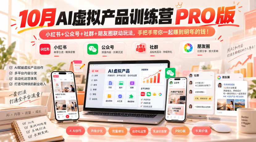 10月AI虚拟产品训练营PRO版，小红书+公众号+社群+朋友圈联动玩法，手把手带你一起赚到明年的钱！（更新1029）